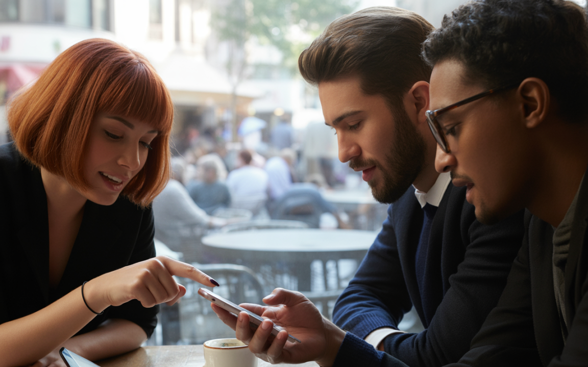 Trois personnes discutent autour d'une table, observant un smartphone en se concentrant sur l'écran, dans un café animé.