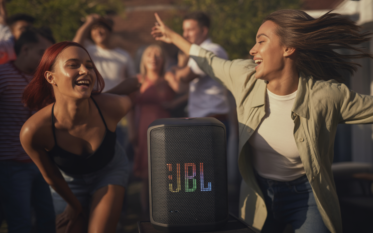 Deux femmes dansent joyeusement près d'une enceinte JBL lors d'une fête en plein air, entourées d'amis.