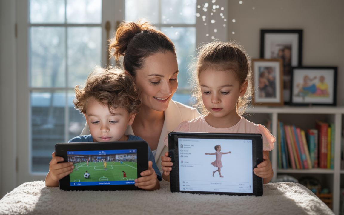 Une mère souriante aide deux enfants, un garçon et une fille, à utiliser des tablettes pour jouer et apprendre.