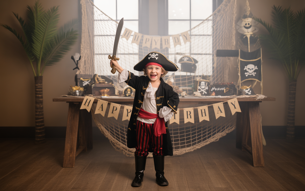 Un enfant déguisé en pirate souriant, brandissant un sabre, devant une table décorée pour un anniversaire avec des éléments de pirate.