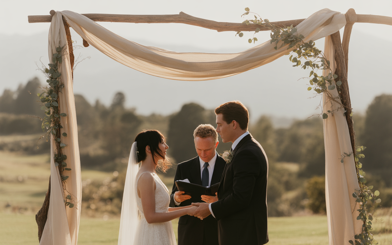 Couple en pleine cérémonie de mariage, sous un arc décoré de tissu et de feuillage, avec un officiant en arrière-plan.