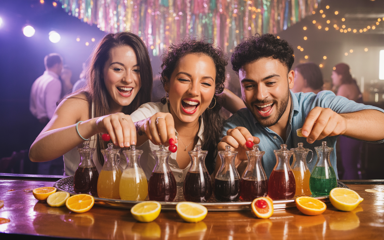Trois amis rient en ajoutant des garnitures colorées à des bouteilles de boissons sur un bar, entourés de lumières festives.