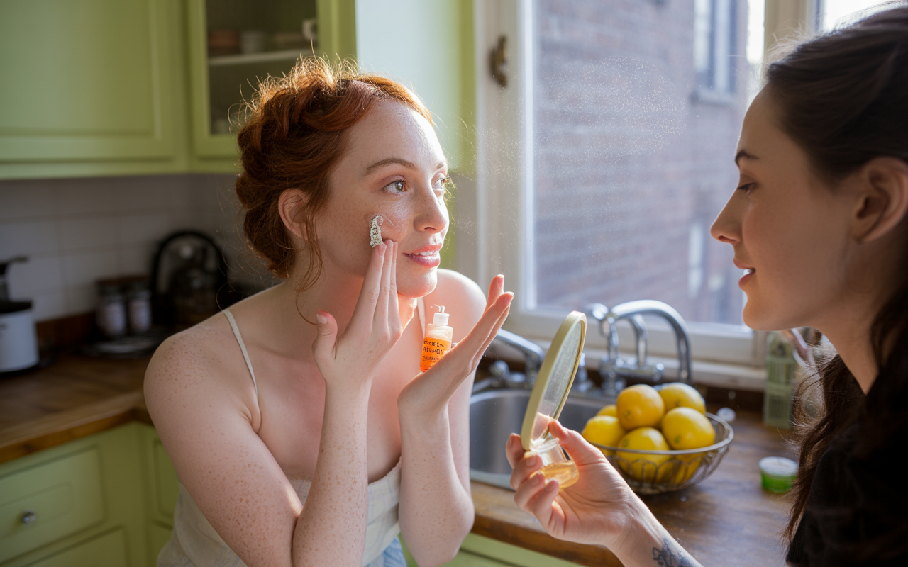 Deux femmes appliquent des soins de la peau dans une cuisine lumineuse, avec des citrons en arrière-plan et un miroir à main.