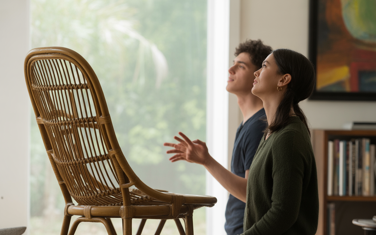 Deux personnes, un homme et une femme, regardent une chaise en osier dans un intérieur lumineux, avec une bibliothèque en arrière-plan.