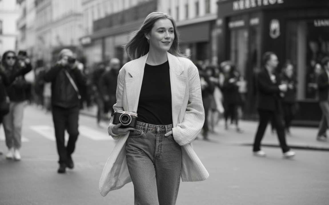Femme souriante marchant dans la rue, tenant un appareil photo, avec des passants flous en arrière-plan. Image en noir et blanc.