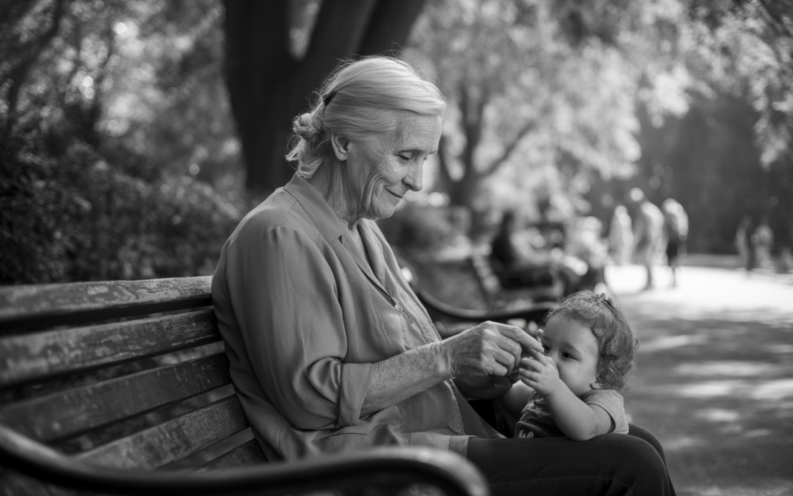 Une femme âgée souriante joue avec un enfant sur un banc, entourée d'un parc verdoyant en noir et blanc.