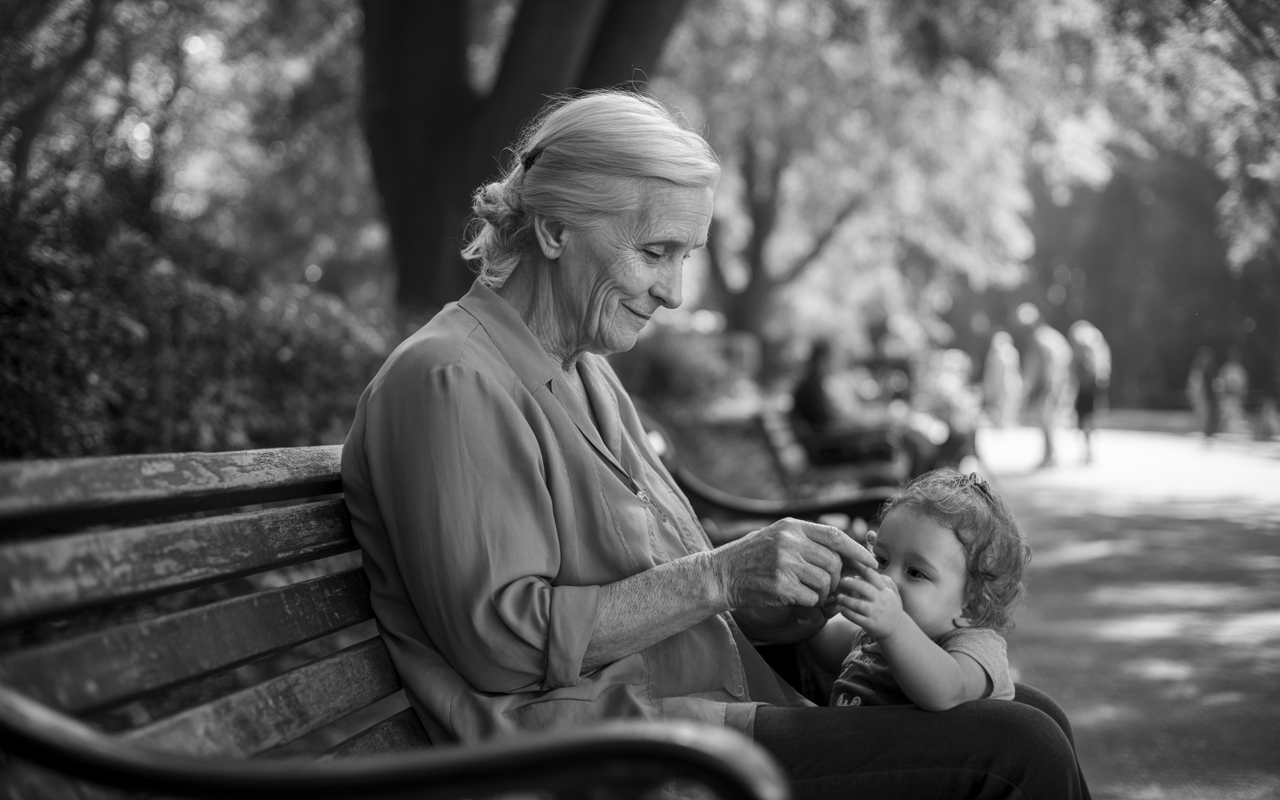 Une femme âgée souriante joue avec un enfant sur un banc, entourée d'un parc verdoyant en noir et blanc.