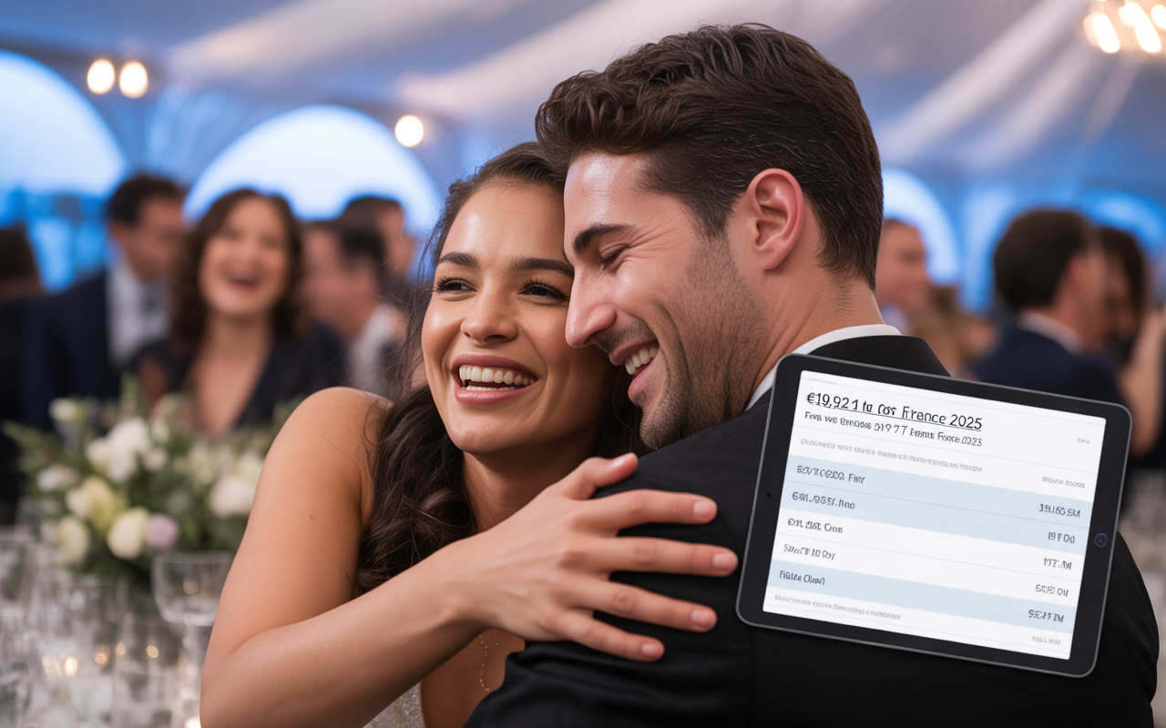 Un couple souriant lors d'une fête, avec un écran montrant des informations sur des frais pour un événement en France.