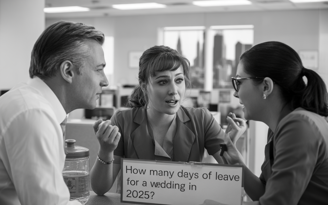 Trois collègues discutent dans un bureau, examinant un panneau avec la question : "Combien de jours de congé pour un mariage en 2025 ?".