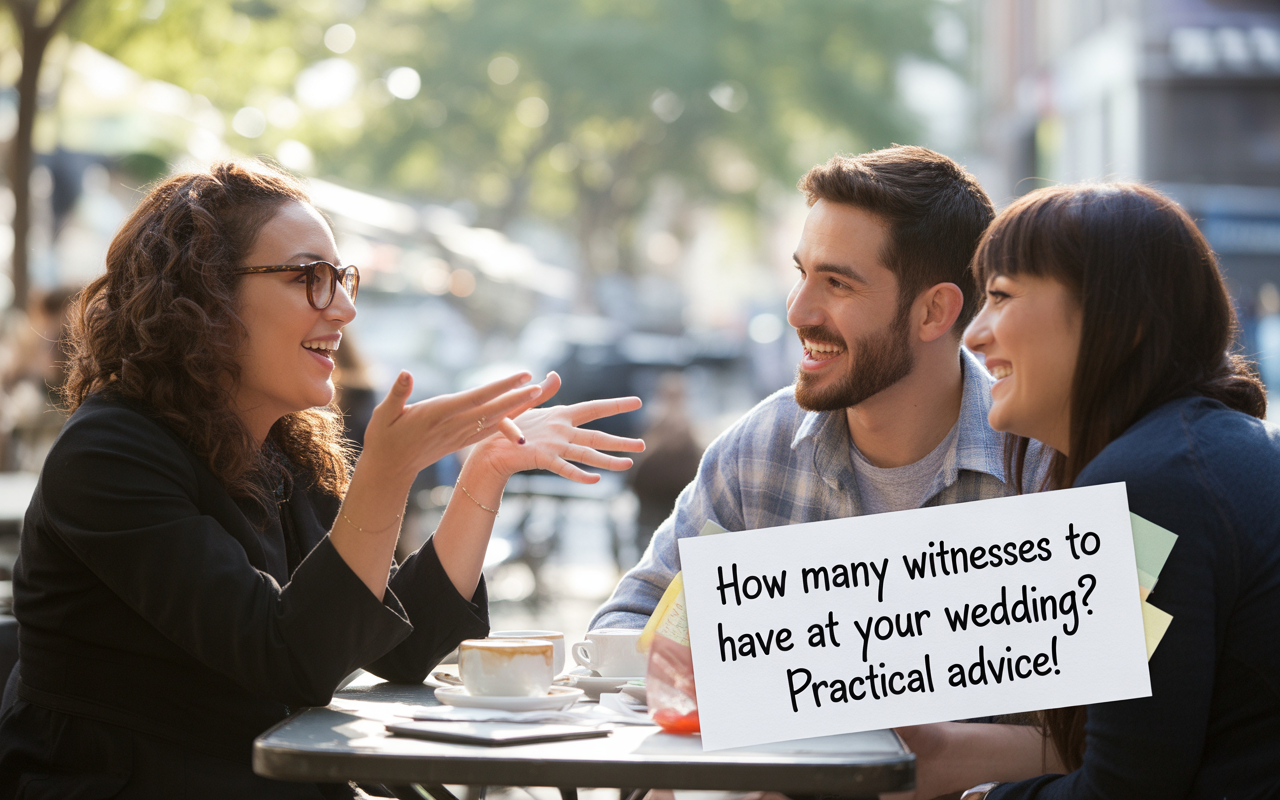 Trois personnes assises à une table extérieure discutent joyeusement, avec une tasse de café, une note expliquant le nombre de témoins pour un mariage.
