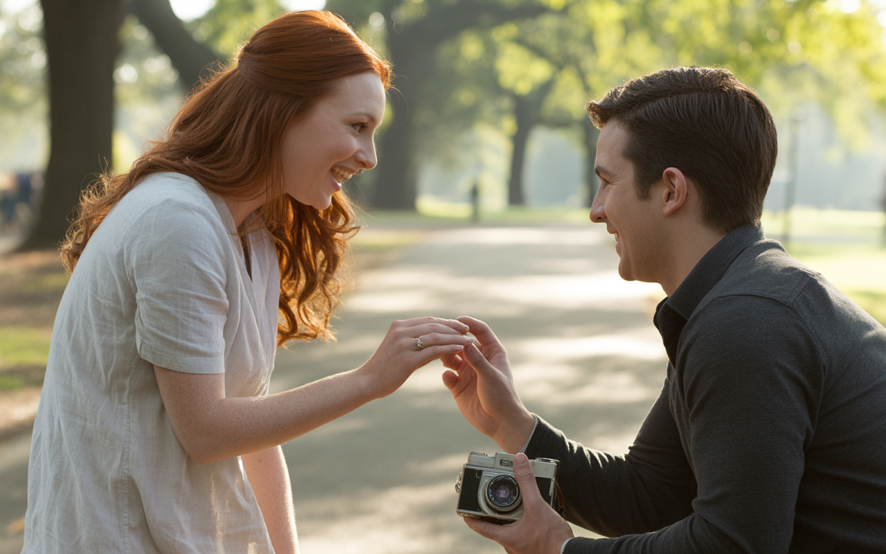 Un homme propose une bague à une femme, souriante, dans un parc ensoleillé. Ils semblent ravis et amoureux.