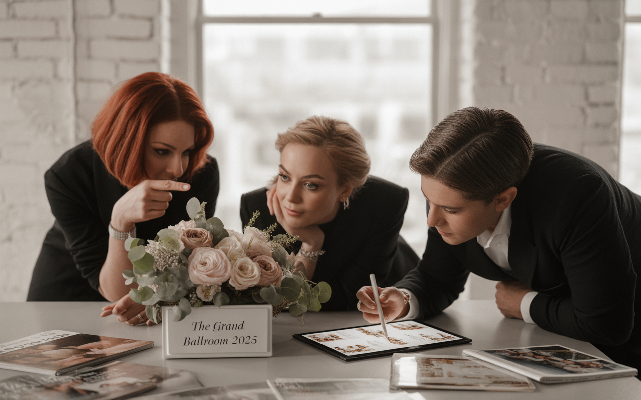 Trois personnes en costume examinent des documents sur une tablette, avec un bouquet de fleurs au centre. Atmosphère professionnelle et concentrée.