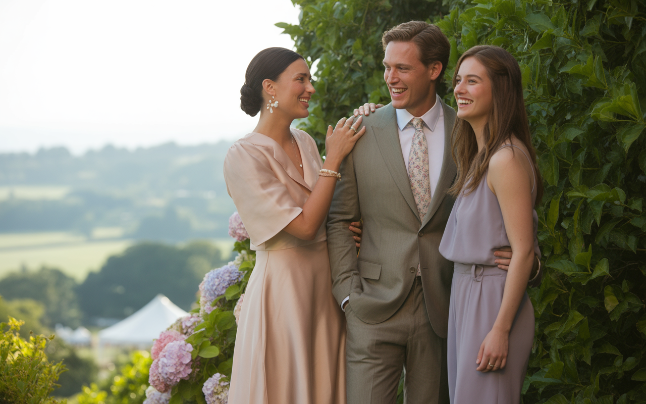 Trois personnes souriantes, un homme en costume et deux femmes en robes, posent devant une verdure luxuriante.