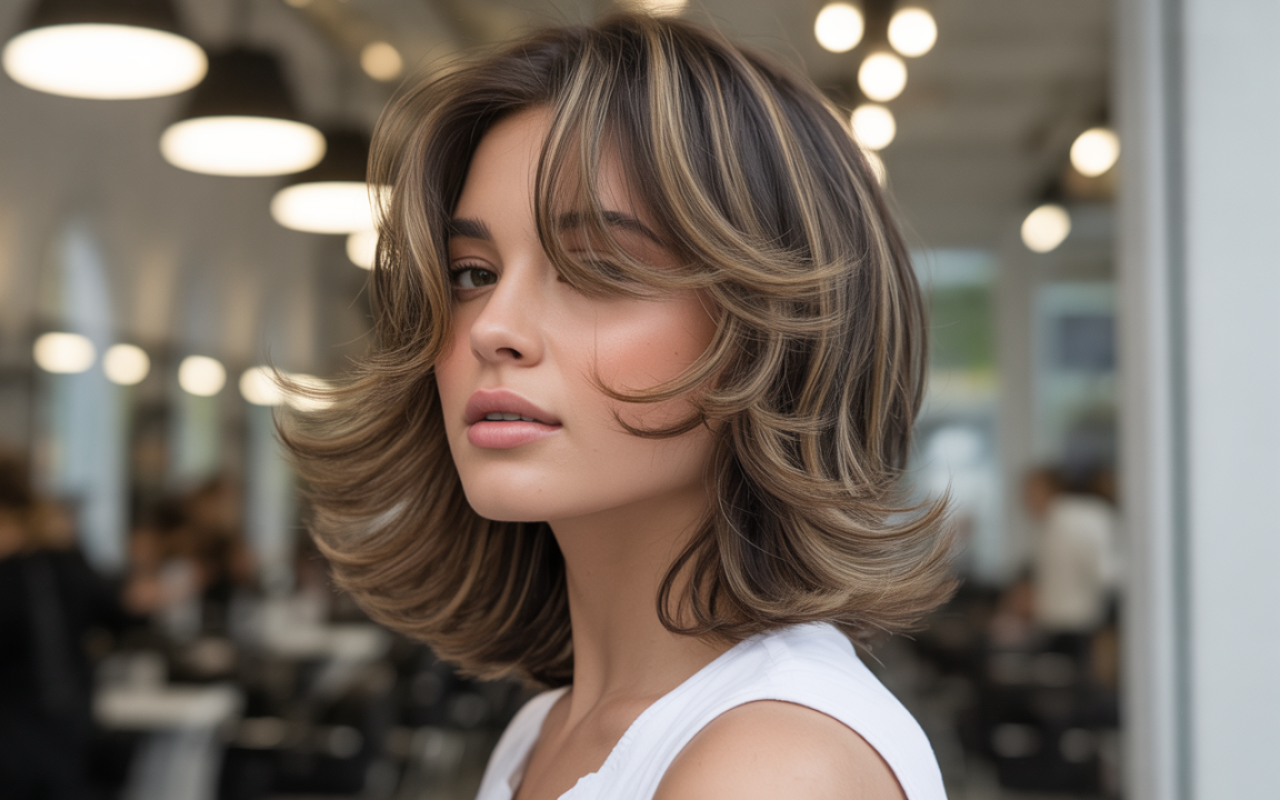 Portrait d'une jeune femme aux cheveux mi-longs, brillants, avec des mèches stratifiées. Fond flou de salon de coiffure moderne.