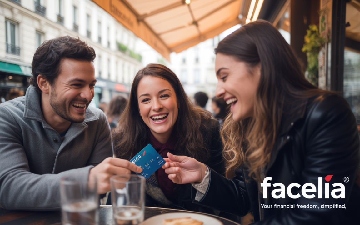 Trois jeunes adultes souriants discutent autour d'une table en café, l'une d'elles tenant une carte, ambiance joyeuse et décontractée.