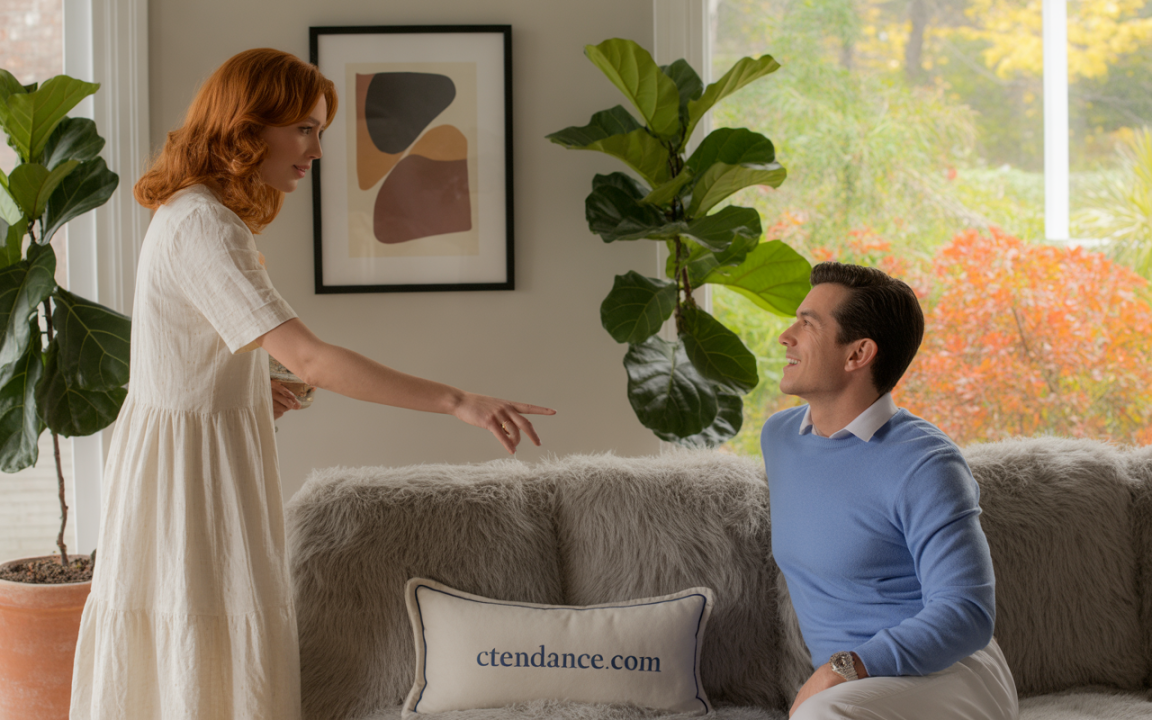 Un homme souriant est assis sur un canapé en fourrure, tandis qu'une femme en robe claire semble lui parler vivement. Des plantes décorent la pièce.