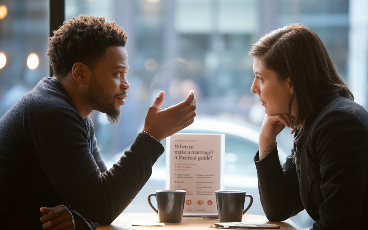 Un homme et une femme discutent attentivement dans un café, deux tasses de café devant eux et un guide sur le mariage.