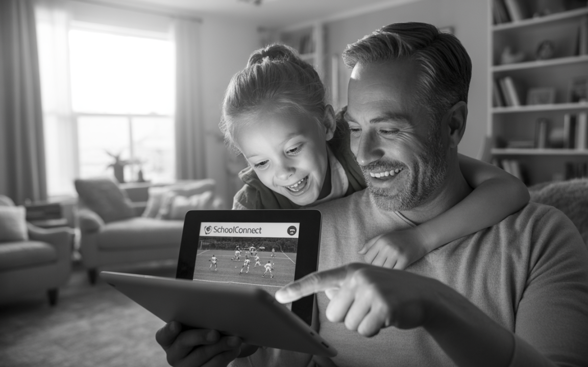 Un homme souriant montre une tablette à une petite fille, qui rit joyeusement. L'écran affiche des images de jeu.