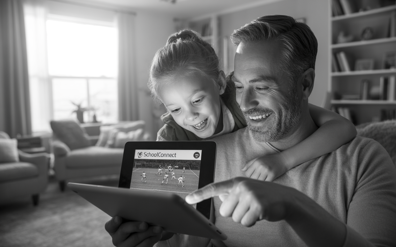 Un homme souriant montre une tablette à une petite fille, qui rit joyeusement. L'écran affiche des images de jeu.