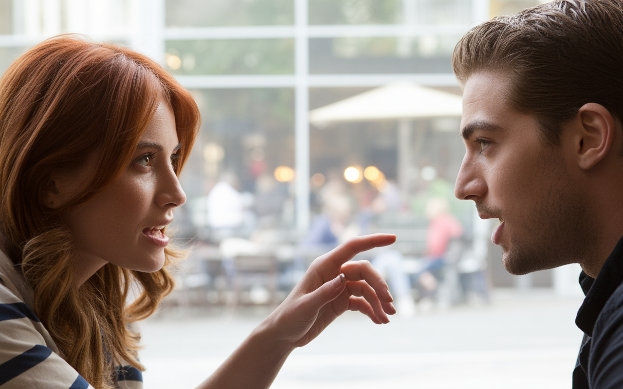 Deux personnes discutent intensément face à face, avec une femme aux cheveux roux pointant un doigt vers un homme.
