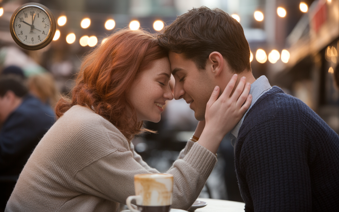 Un couple souriant se rapproche dans un café, ambiance chaleureuse, avec un décor lumineux et une horloge au-dessus d'eux.