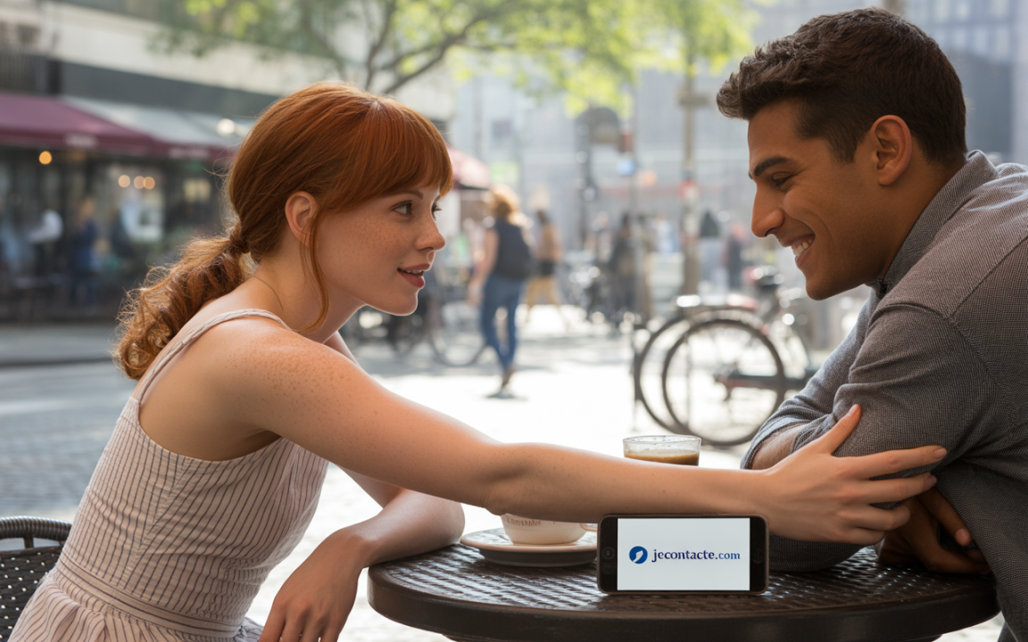 Deux personnes souriantes, assises à une table de café, échangent un regard complice, un smartphone affichant un site web entre elles.
