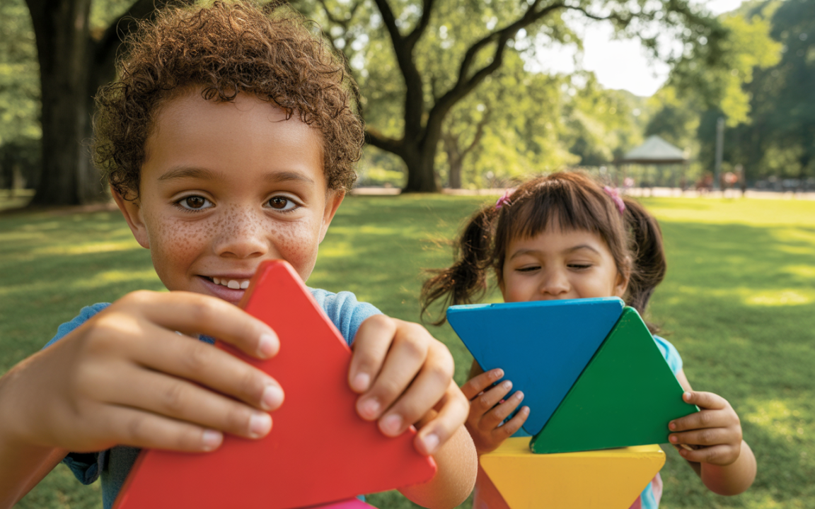 Deux enfants s’amusent dans un parc, tenant des formes colorées. Un garçon souriant montre un triangle rouge, une fille sourit en tenant des pièces bleues et vertes.