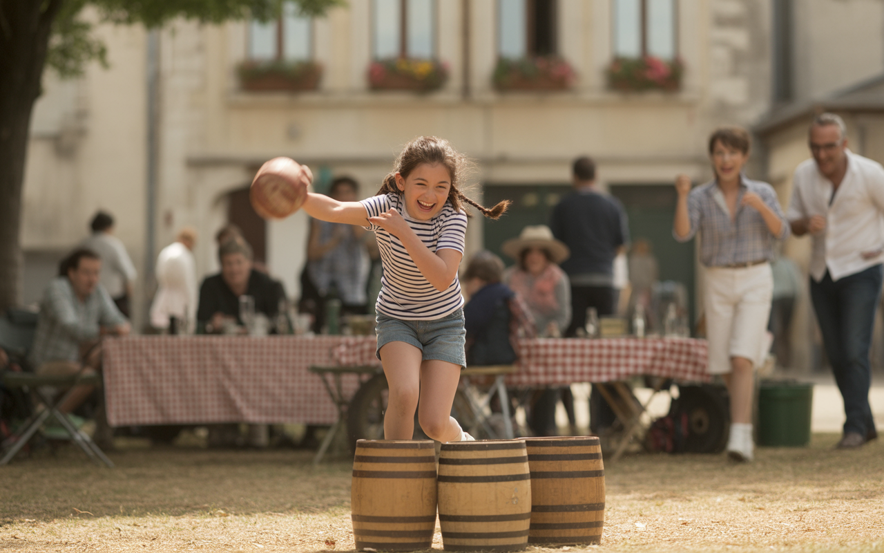 Une fillette souriante court en sautant par-dessus des barils, tenant un ballon. En arrière-plan, des adultes regardent, assis à une table.