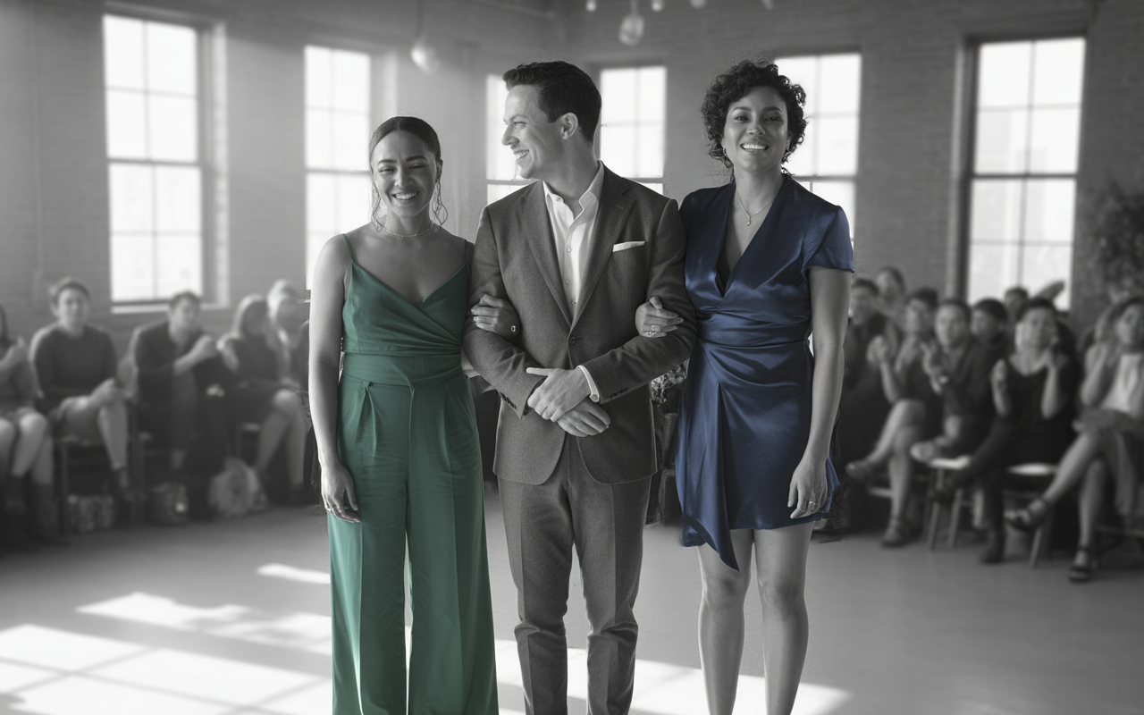 Un homme en costume est entouré de deux femmes souriantes, l'une en vert et l'autre en bleu, lors d'un événement.