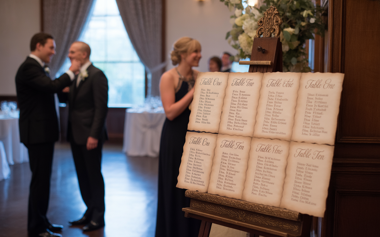 Deux hommes en costume interagissent joyeusement, tandis qu'une table des invités est présentée sur un chevalet dans un cadre élégant.