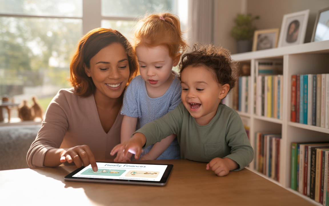 Une mère souriante aide deux enfants à interagir avec une tablette, discutant des finances familiales dans un décor lumineux.