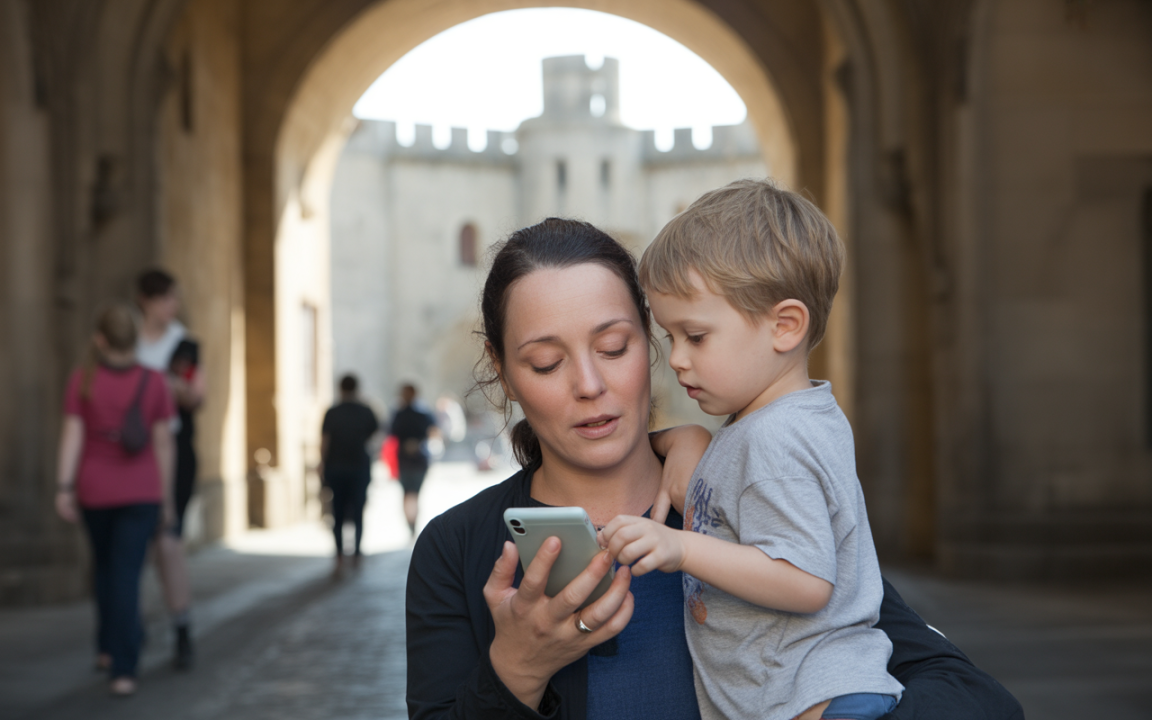 Une femme avec un enfant regarde un smartphone, entourés de personnes dans une rue historique avec un château en arrière-plan.