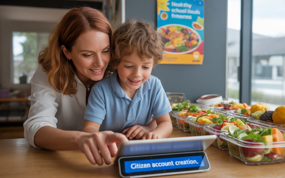 Une mère et son fils regardent un écran ensemble, entourés de salades et de fruits frais, discutant d'une création de compte.