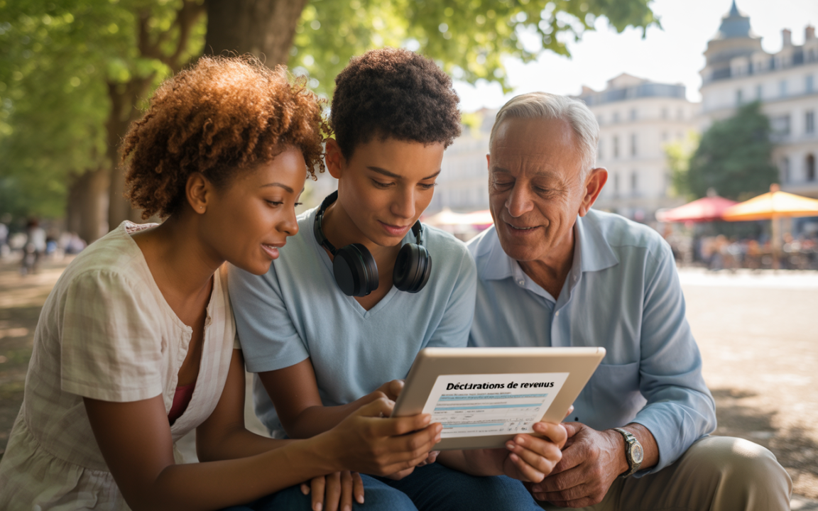 Trois personnes, un jeune homme, une femme et un homme âgé, regardent un document sur une tablette, assis dans un parc.