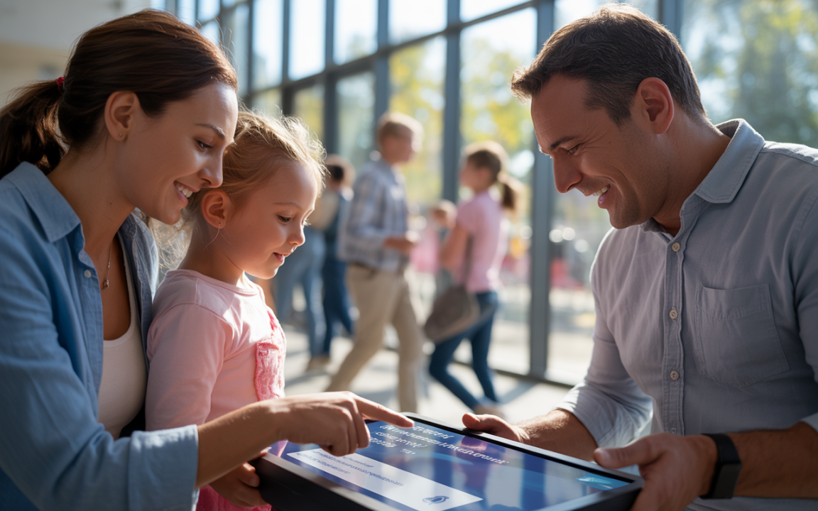 Une mère, un père et leur fille interagissent joyeusement avec une tablette, entourés de personnes dans un espace lumineux.