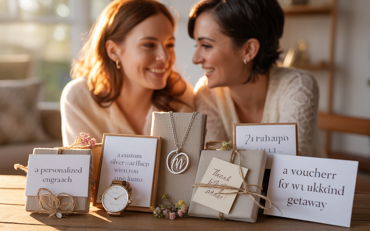 Deux femmes souriantes, entourées de cadeaux soigneusement emballés sur une table, avec des étiquettes de personnalisation et des bijoux.