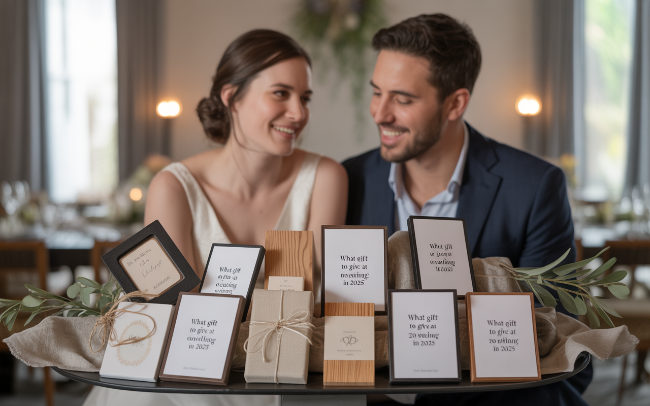 Deux personnes souriantes présentent un plateau avec des boîtes et cartes de souhaits pour des occasions spéciales, dans un cadre élégant.