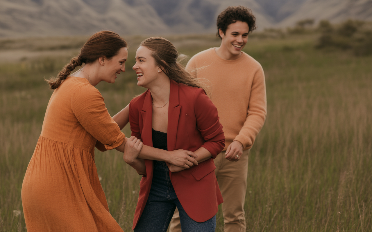 Trois jeunes adultes rient et s'amusent dans un champ, portant des vêtements de couleurs chaudes, sous un ciel nuageux.