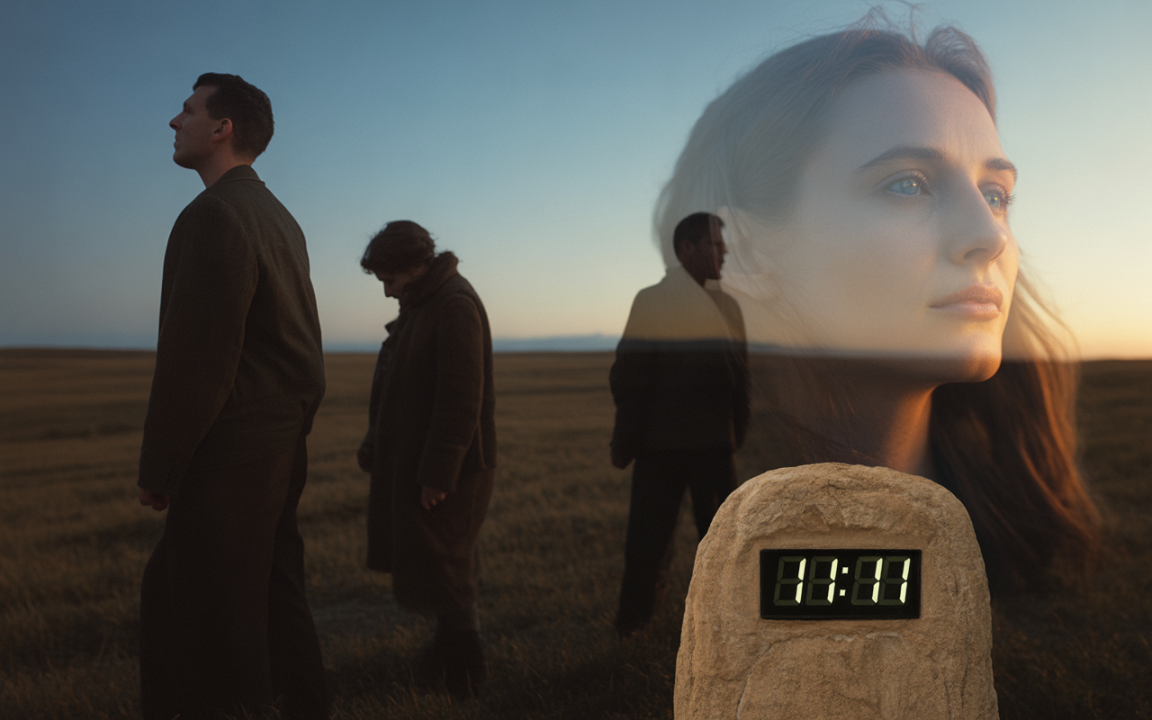 Quatre personnes marchent dans un champ au crépuscule, avec une horloge numérique affichant "11:11" en avant-plan.
