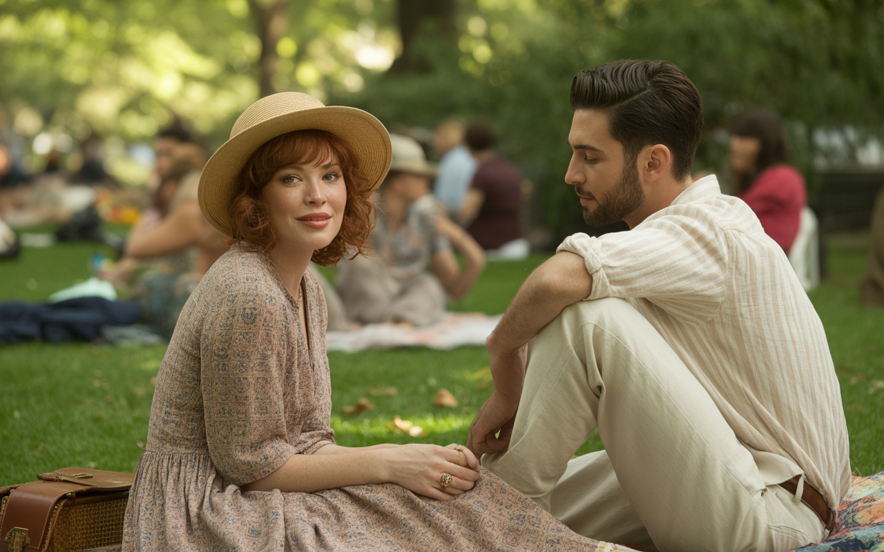 Un couple assis dans un parc, elle porte un chapeau, vieillit au style romantique, il semble pensif, ambiance bucolique.