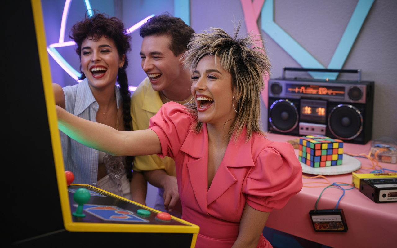 Trois jeunes adultes souriants jouent à un jeu vidéo d'arcade, entourés d'éléments rétro colorés et d'une chaîne stéréo.