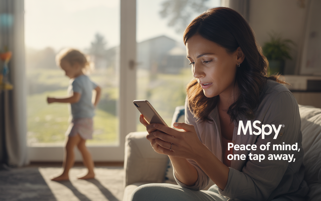 Une femme utilise un smartphone, concentrée, tandis qu'un enfant joue derrière elle dans un intérieur lumineux. Texte MSpy en bas.