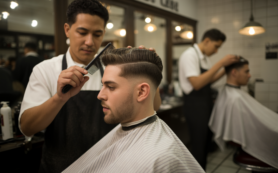 Un coiffeur coupe les cheveux d'un client dans un salon moderne, tandis qu'un autre client attend. Ambiance professionnelle et soignée.