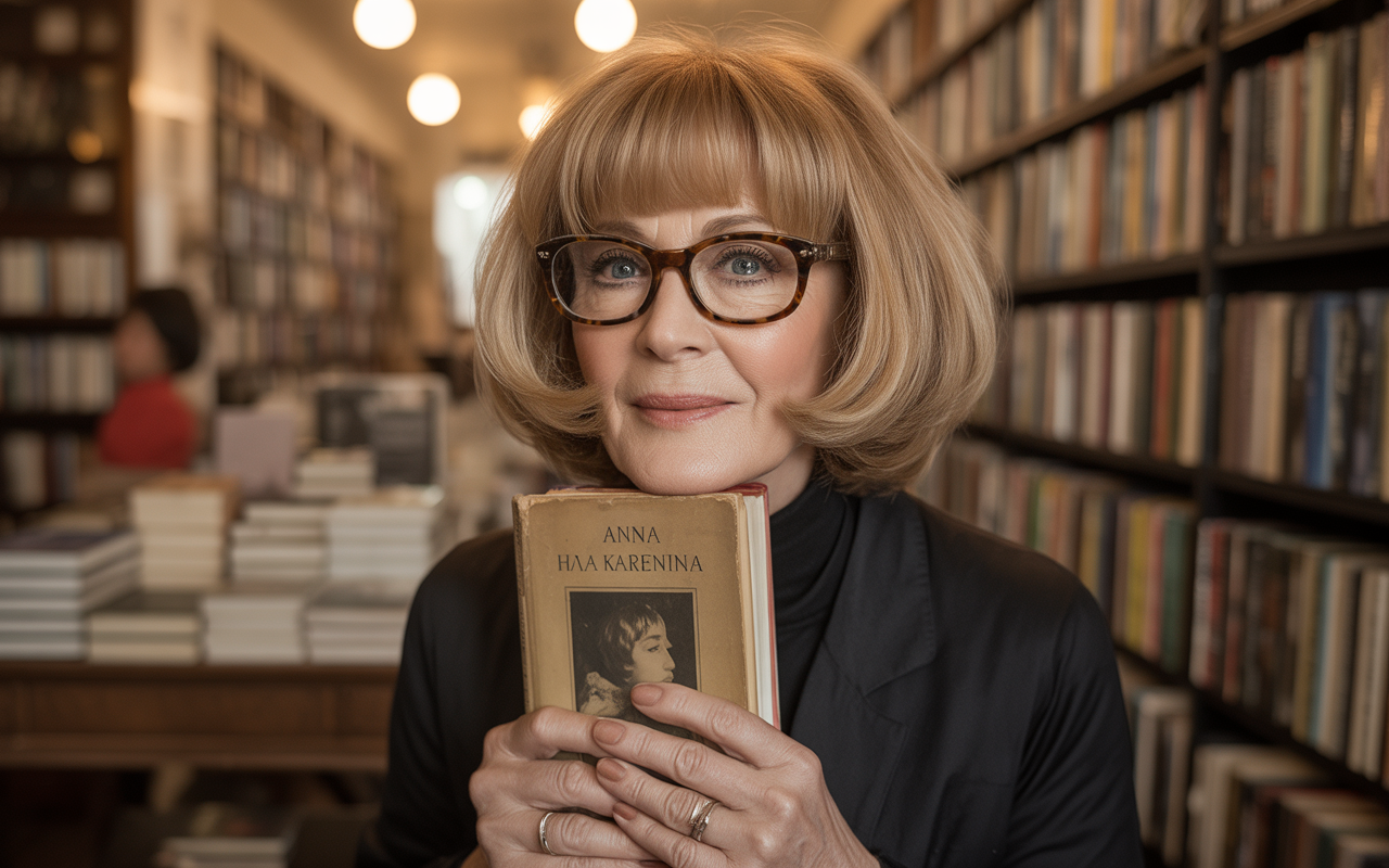 Femme souriante avec des lunettes, tenant un livre intitulé "Anna Karénine" dans une librairie remplie de livres.