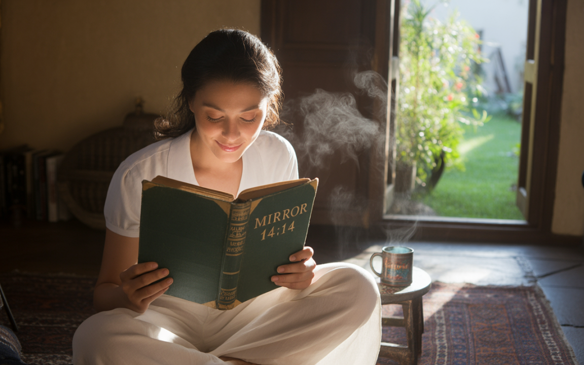 Femme souriante lisant un livre intitulé "Mirror 14:14" dans une pièce ensoleillée, avec une tasse fumante à côté.