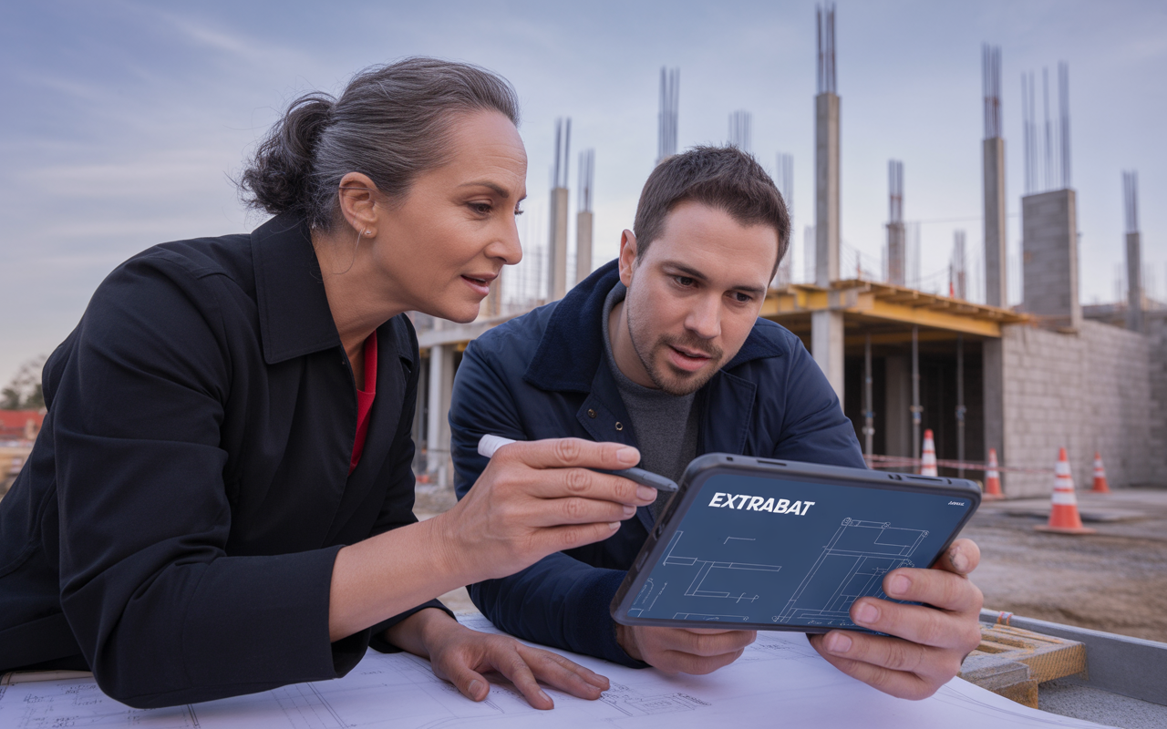 Deux professionnels examinent un plan numérique sur une tablette, devant un chantier de construction, avec des structures en arrière-plan.