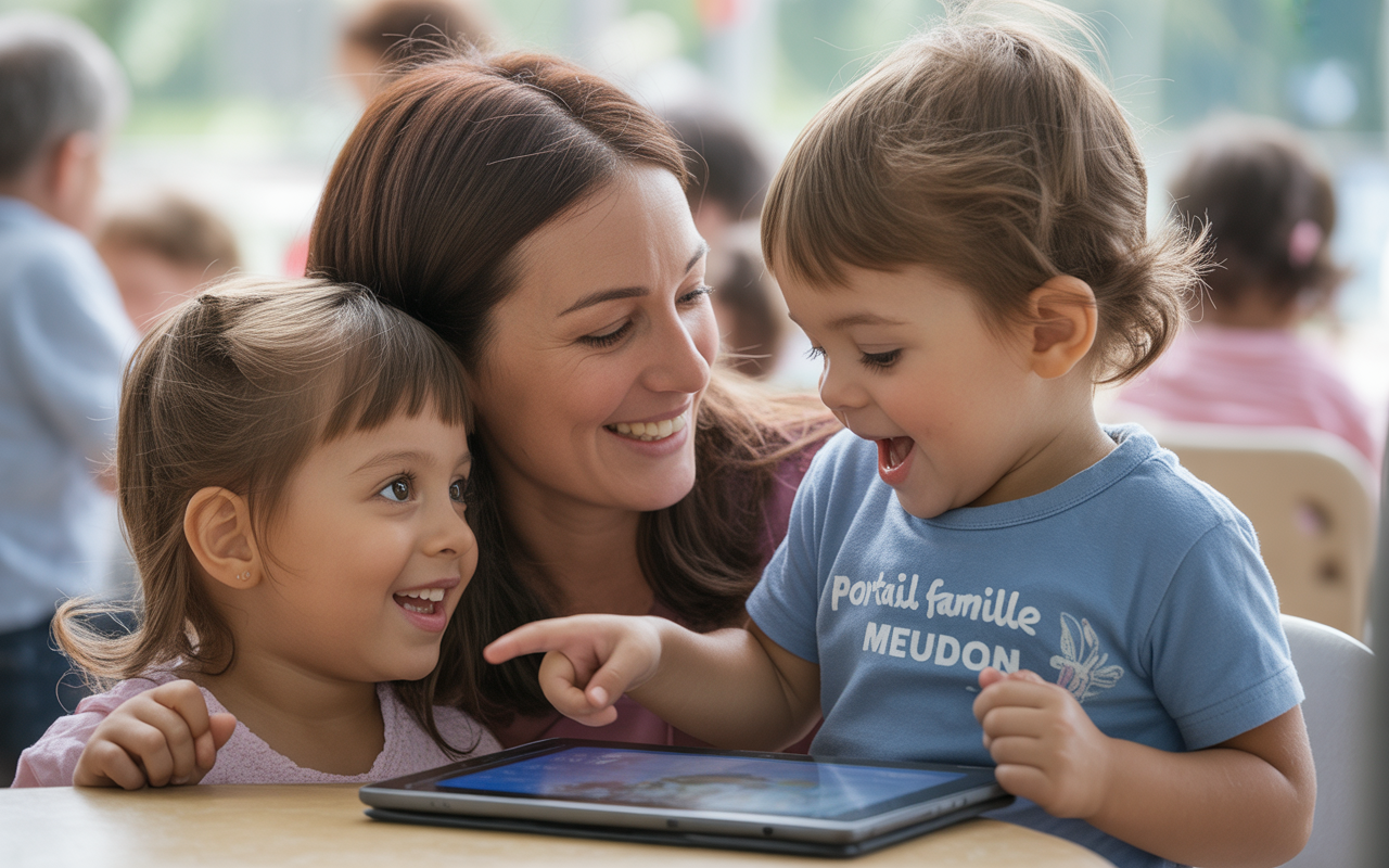 Une mère souriante joue avec deux enfants, un garçon et une fille, autour d'une tablette dans un environnement accueillant.