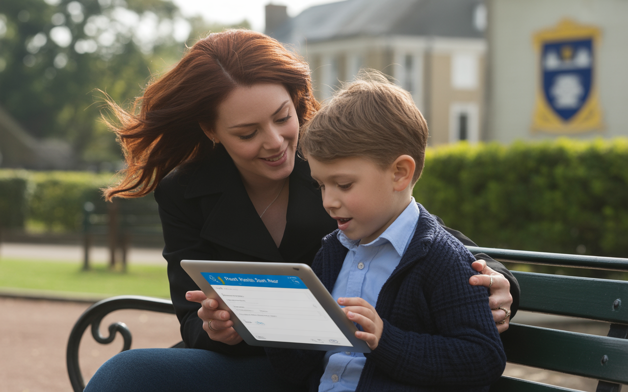 Mère et fils assis sur un banc, regardant une tablette ensemble. Arrière-plan de verdure et d'une maison.