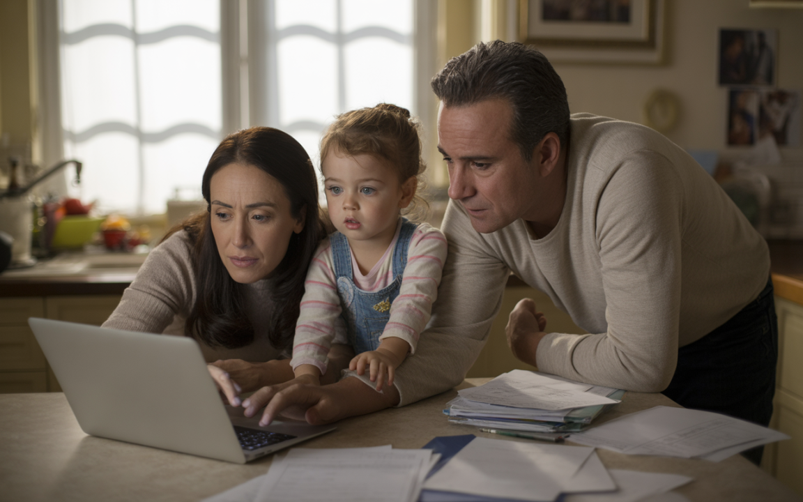 Une famille examine un ordinateur portable sur la table, entourée de documents, dans une cuisine lumineuse et accueillante.