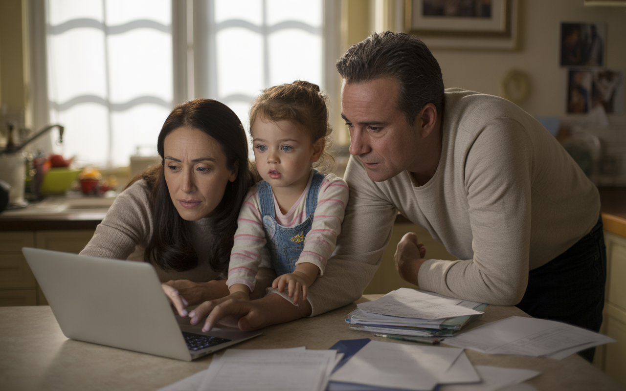 Une famille examine un ordinateur portable sur la table, entourée de documents, dans une cuisine lumineuse et accueillante.